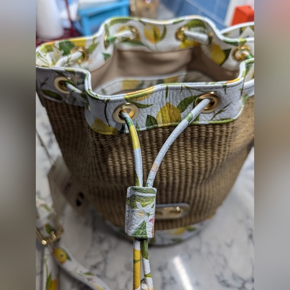 Valentina Raffia Lemon Leather Trim Woven Bucket Bag - Picture 7 of 9